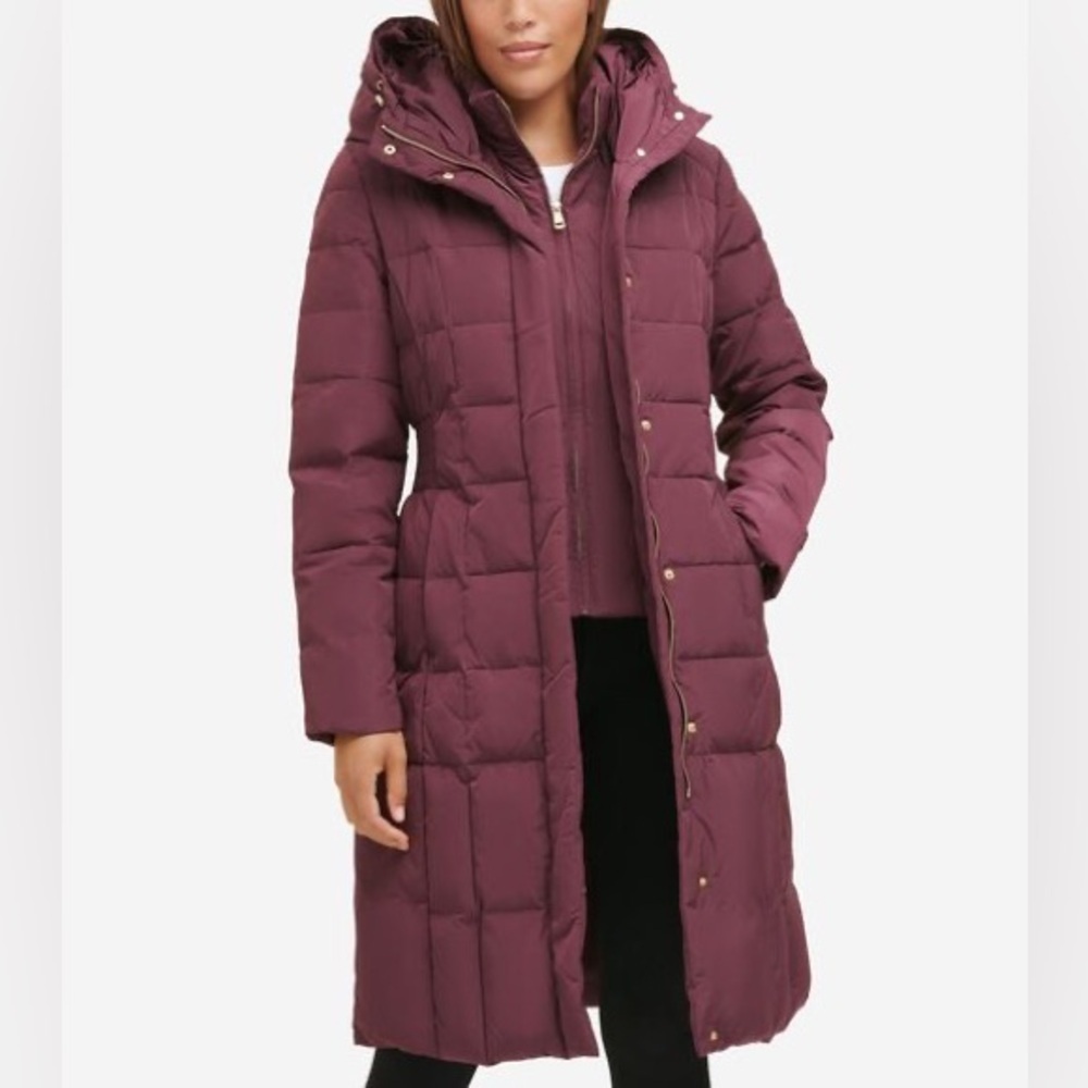 Cole Haan Merlot Purple Taffeta Down Hooded 40” Puffer Coat NWT 356SD700 Size S